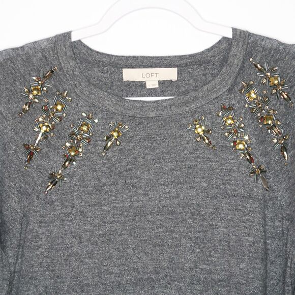 Ann Taylor LOFT Womens Embellished Sweater Size Large Gray‎ Gold Holiday Office - Picture 5 of 8